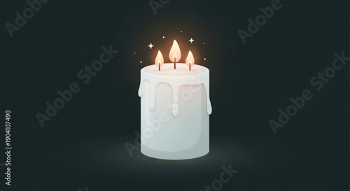 Three wicks burning on a white candle with melting wax on a dark background for ambiance and relaxation