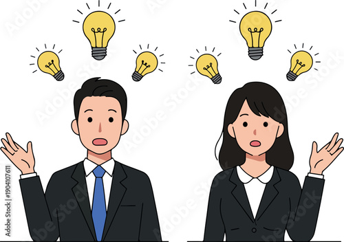 Two Business People With Many Idea Light Bulbs Above Heads