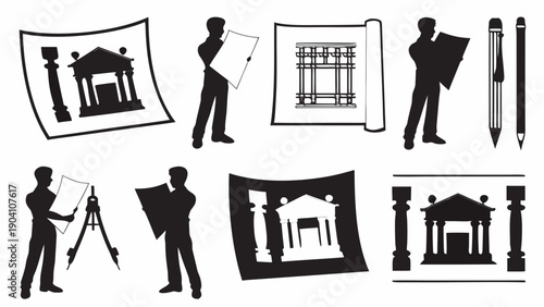 Architects and designers working on building plans and blueprints