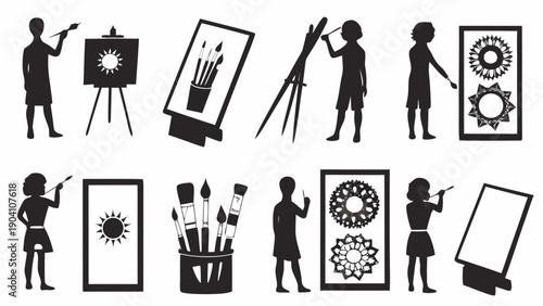 Artists creating artwork with paintbrushes and canvases