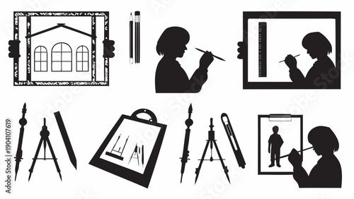 Silhouettes of people drawing and drafting with various tools