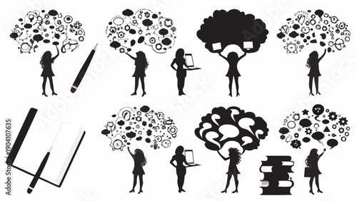 Businesswoman thinking with ideas and laptops in modern workspace