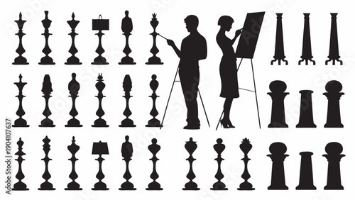Professional artists creating art in studio with various lamp and chess piece silhouettes