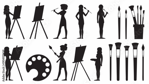 Silhouettes of women painting with brushes and easel