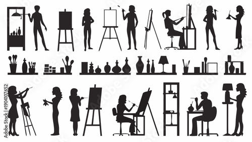 Silhouettes of artists at work in studio with various painting tools
