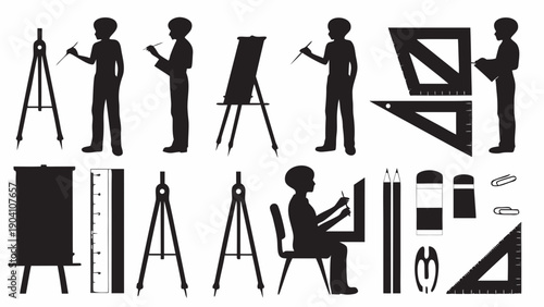 Silhouettes of people painting and drawing with art supplies
