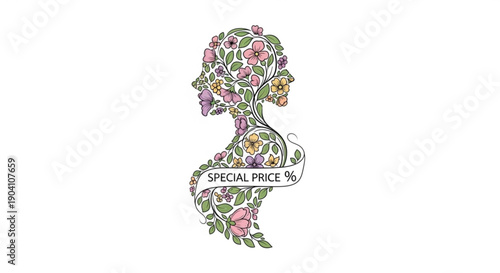 Floral woman head with flowers and special price discount banner