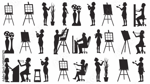 Silhouettes of artists painting and creating art in various poses