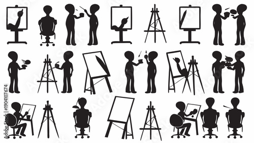 Silhouettes of artists painting on easels with various poses
