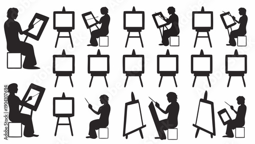 Silhouettes of artists painting on easels in various creative poses