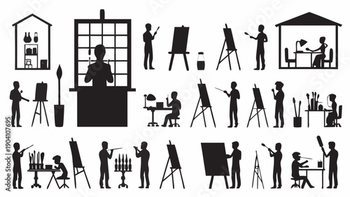 Silhouettes of artists at work in various creative settings