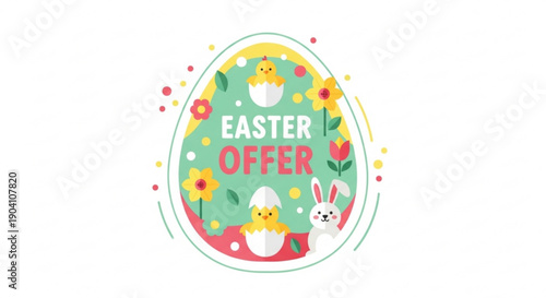 Easter offer colorful egg with bunny chicks and flowers on white background