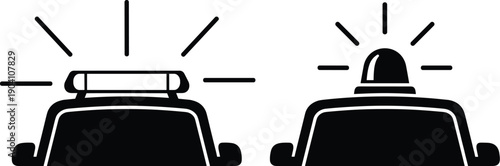 Stylized police car top views with flashing emergency lights, comparing horizontal light bar and dome beacon designs