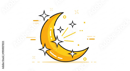 Golden crescent moon with sparkles and stars shining brightly in night sky