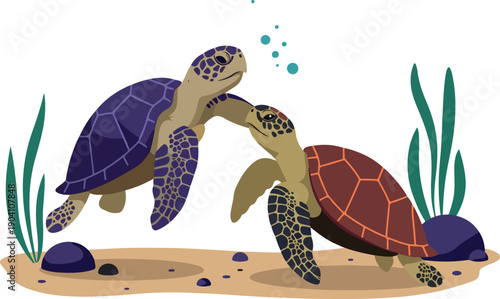 Two Pixel Turtles Swimming Underwater Sea Life Aquarium Reef Coral Background