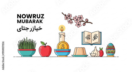 Nowruz mubarak celebration with traditional elements and greeting