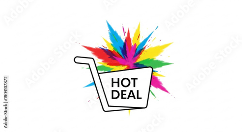 Vibrant shopping cart with hot deal text and colorful splashes