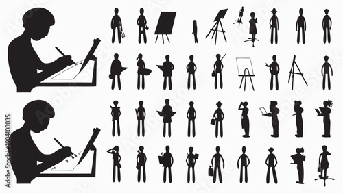Silhouettes of artists and professionals working in studio