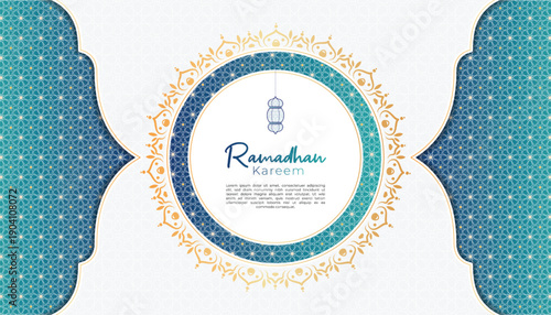 Elegant Ramadhan Kareem Greeting Card with Islamic Lantern and Ornate Patterns