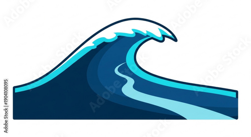Vector illustration of a large ocean wave with blue hues and white foam against a white background symbolizing power and movement