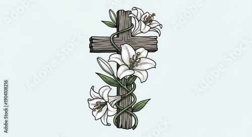 Wooden cross adorned with white lilies on a light background symbolizing faith and serenity in a simple elegant design