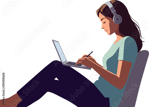Woman Listening Music Typing Laptop Minimalist Flat Illustration
