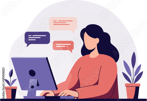 Woman Typing Computer Flat Design Vector Illustration