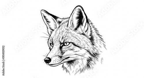 Detailed Illustration of a Fox Head in Black and White.