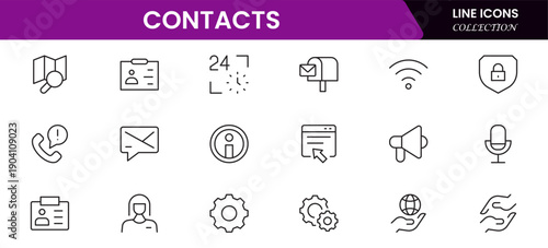 Contact us line icon set. Chat, name, address, email, message, phone and more.Outline vector icon in linear style. Conceptual pictogram collection