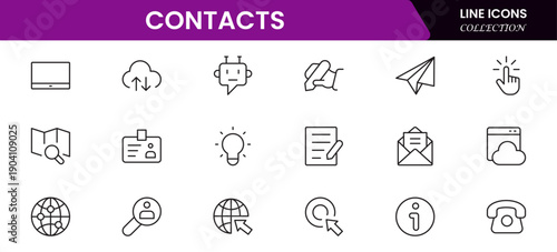 Contact us line icon set. Chat, name, address, email, message, phone and more.Outline vector icon in linear style. Conceptual pictogram collection