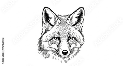 Detailed illustration of a fox face in black and white.