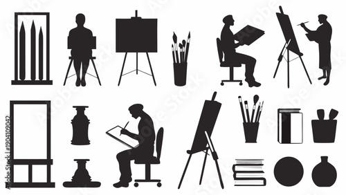 Silhouettes of artists at work with painting and drawing tools