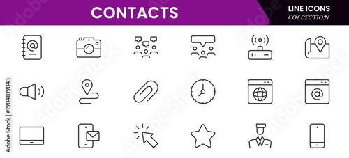 Contact us line icon set. Chat, name, address, email, message, phone and more.Outline vector icon in linear style. Conceptual pictogram collection
