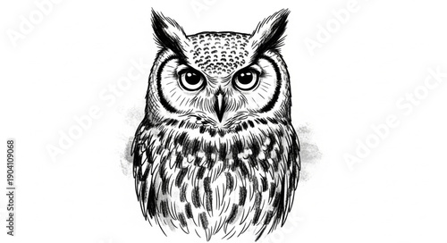 Detailed Illustration of a Great Horned Owl Face.