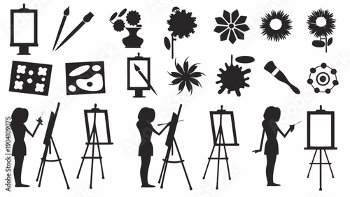 Silhouettes of artists at work with painting tools and flowers