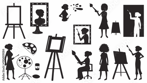 Silhouettes of female artists painting on easels creatively