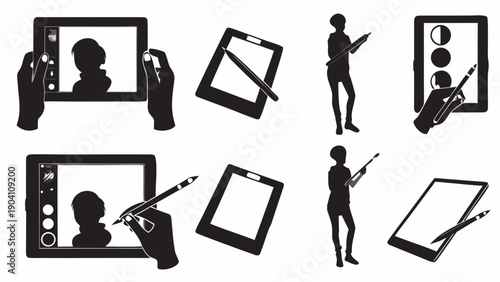 Silhouettes of people using digital tablets with stylus for creative work