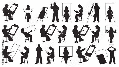 Artists creating art in various poses with easels and canvases