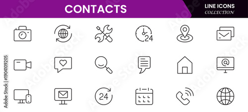 Contact us line icon set. Chat, name, address, email, message, phone and more.Outline vector icon in linear style. Conceptual pictogram collection