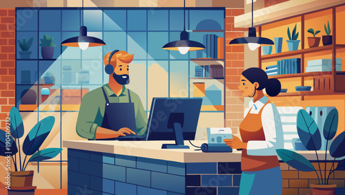 Busy café patrons enjoying drinks and digital devices together in a vibrant setting