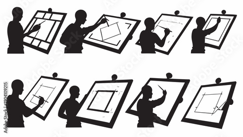 Silhouettes of artists creating on easels in studio