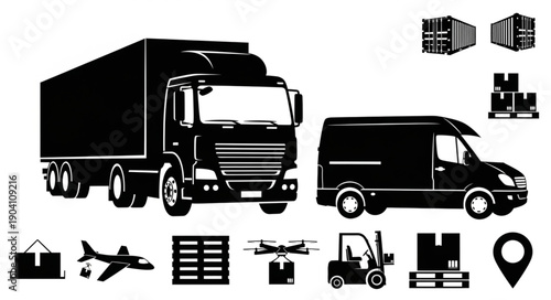 Delivery Vehicles and Logistics Icons Set.