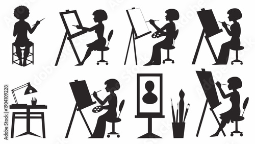 Silhouettes of artists painting on easels in various creative poses