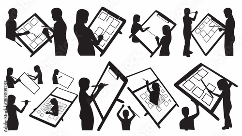 Silhouettes of people working on large screens with wireframes