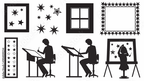 Creative artists working on paintings in studio with starry frames