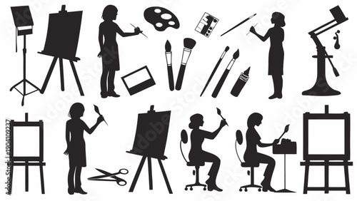 Women artists creating artwork with various painting tools
