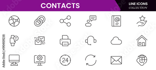 Contact us line icon set. Chat, name, address, email, message, phone and more.Outline vector icon in linear style. Conceptual pictogram collection