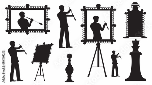 Artist painting on canvas with various tools and easel
