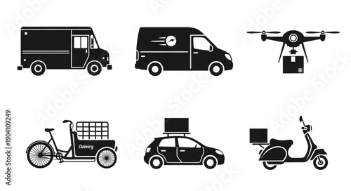 Delivery vehicles and transport methods icons set.