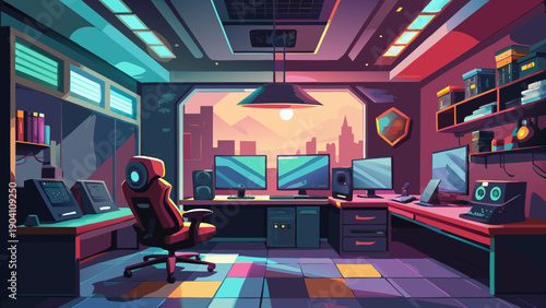 Cozy futuristic living room with vibrant neon lighting and retro gaming console